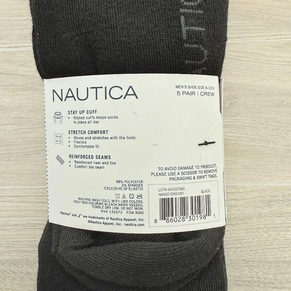 Nautica Mens 5 Pair Crew Socks Black Stay Up Cuff Shoe Size 6-12.5 NAM201DR01001